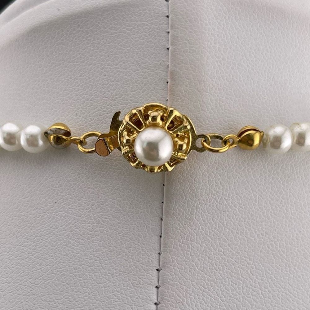 Vintage Faux Pearl and Clear Rhinestone V Shaped Necklace Gold Tone - Picture 4 of 6